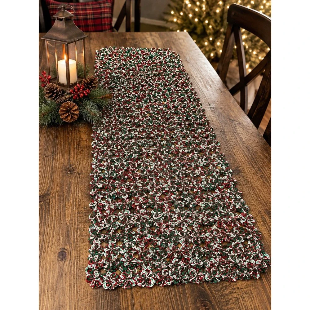 Handmade Vintage Yo Yo Christmas Table Runner Red Green Quilted Holiday 18x41